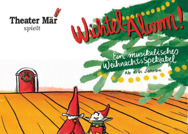 Eine Illustration: Zwei Wichtel neben einem Weihnachtsbaum im Hintergrund eine weiße Wand. Darin eine winzige kleine Tür.